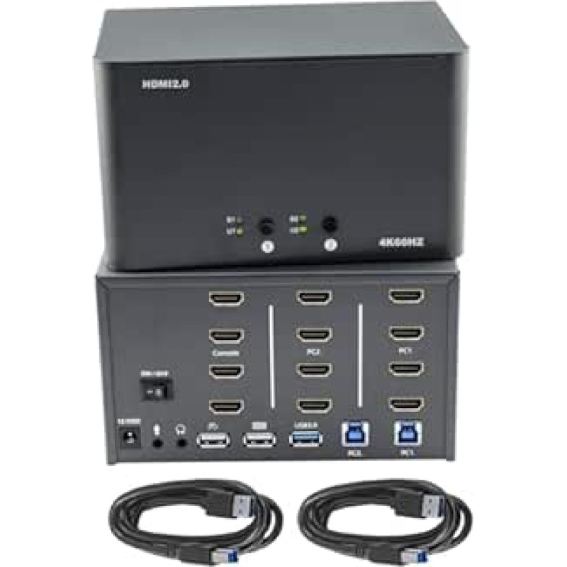 KVM Switch 4 Monitore 2 Computer, HDMI 4K@60Hz KVM Switch mit USB 3.0, 2 Computer teilen sich einen Satz Tastatur, Maus und Monitore, unterstützt Windows/Mac/Linux (HM-KVM2-4)