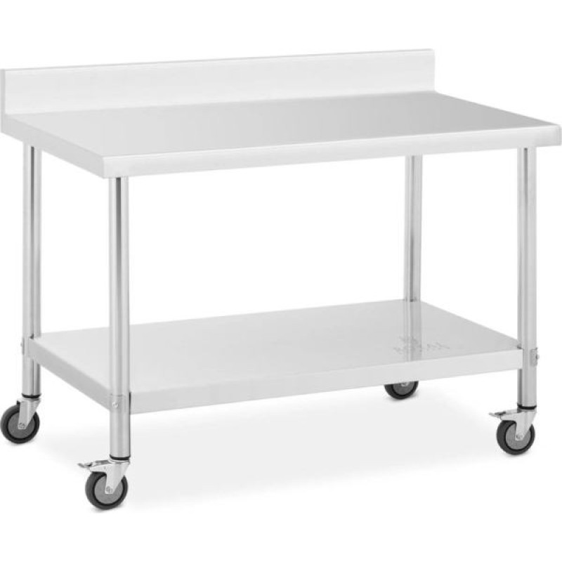 Metal dining table on wheels with shelf and edge, STEEL, 70 x 120 cm