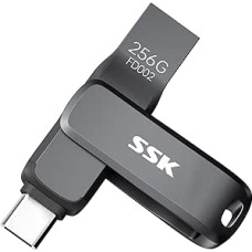 SSK USB atmintinė 3.2 256 GB, iki 200 MB/s spartusis USB atmintinė, dviguba USBa ir C atmintinė, patvarus juodas metalinis laikiklis mobiliajam telefonui, planšetiniams kompiuteriams, MacOS, kompiuteriui, automobiliui, televizoriui