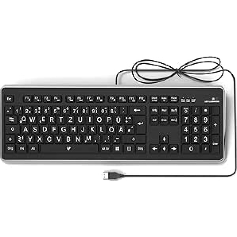Vokiška klaviatūra (QWERTZ) su didelėmis raidėmis, baltu LED apšvietimu ir USB prievadu - skirta senjorams, vaikams ir silpnaregiams - klaviatūra, kompiuterių priedai, apšviesta, laidinė