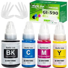 GI590 GI490 Tinte kompatibel mit Canon GI-590 GI-490 Tintenfehlflaschen für PIXMA G1400 G1410 G2400 G2410 G3400 G4400 G4411 G1500 G1510 G2500 G2510 G3500 G3510 G4500 G1501 5600 Seiten(4 Pack BK/C/M/Y)