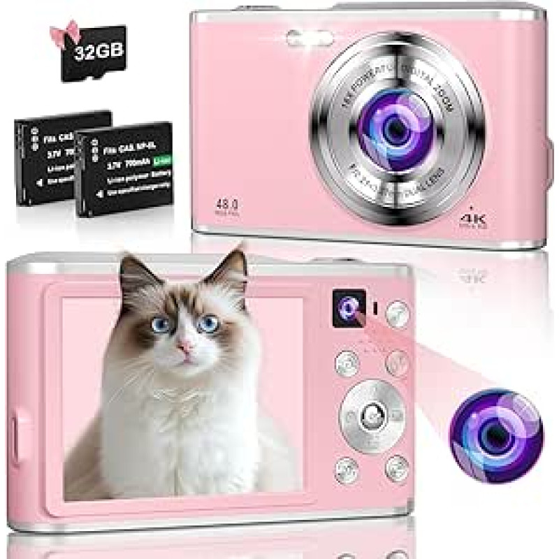 Skaitmeninis fotoaparatas, 4K dvigubo fotoaparato automatinio fokusavimo nešiojamasis kompaktiškas fotoaparatas su 32G SD kortele, FHD 48MP su 2,8 colių dideliu ekranu, 16 kartų skaitmeninio priartinimo fotoaparatas vaikams, paaugliams, pradedantiesiems, 
