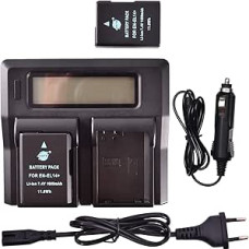 DSTE® 2 pakuotės atsarginių baterijų EN-EL14 + LCD dvigubas įkroviklis, suderinamas su Nikon Coolpix P7000, P7100, P7700, Df, D3100, D3200, D3500, D5100, D5200, D5300 skaitmeniniais fotoaparatais, Nikon baterijų laikiklis BG-2G