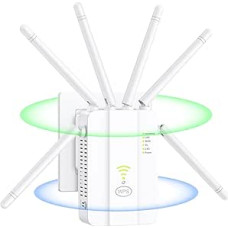 WLAN stiprintuvas, 1200 Mbit/s WiFi retransliatorius, dviejų dažnių juostų 5 GHz + 2,4 GHz ilgintuvas su 6 antenomis, 360° aprėpties WLAN signalo stiprintuvas su Ethernet prievadu, suderinamas su visais WiFi maršrutizatoriais