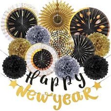 SUNBEAUTY New Year's Eve Decoration 2025 New Year Decoration Happy New Year Garland Gold Black Paper Fan Tissue Paper Pom Poms Decoration New Year's Eve Party Decoration Accessory for New Year's Eve