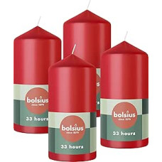 Bolsius Smooth Pillar Candles - Red - Pack of 4 - 12 x 6 cm - Decorative Household Candles - Length Burning Time 33 Hours - Unscented - Contains Natural Plant Wax - Without Palm Oil