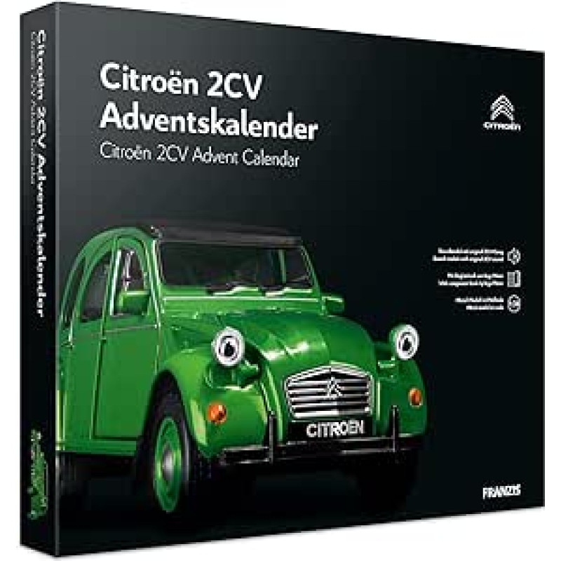 Franzis 55154 Citroen 2CV Advento kalendorius, žalias, 1:38 mastelio metalinis modelis su garso moduliu ir 50 puslapių lydraščiu