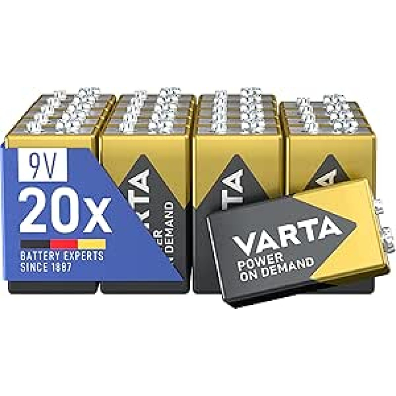 VARTA akumuliatoriai, 9 V blokiniai akumuliatoriai, maitinami pagal poreikį, šarminiai, saugykla, išmanūs, lankstūs, galingi, tinkami dūmų, gaisro ir gaisro signalizatoriams, 20 vnt.