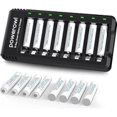 Powerowl Battery Charger with AAA Battery 1000 mAh Pack of 16 AA Battery Charger 8 Slots Universal Battery Charger for NI-MH NI-CD AA AAA Rechargeable Batteries, Micro USB Connection