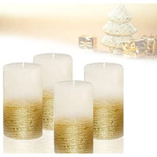 Candelo Set of 4 Ambiente Rustic Pillar Candles – White Metallic Gold – Candle 12 cm – Long Burning Time Approx. 54 Hours Christmas Candles Advent Wreath