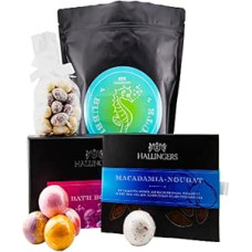 Hallingers Genuss Manufaktur Gift Basket Gift Set - Delicatessen Mix, Wellness Wonder Bag XXL Bath Bombs Set, Chocolate Bar & Nougat Almonds, 