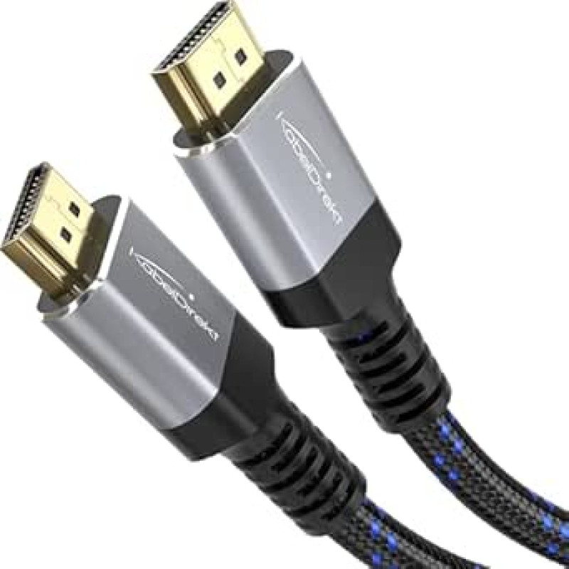 KabelDirekt 4K HDMI kabelis - 15 m - nedūžtantys metaliniai kištukai ir nailono pynimas - tinka bet kokiam HDMI prievadui (4K @ 60Hz, didelės spartos HDMI su Ethernet, Blu-ray, PS5/Xbox/Switch)