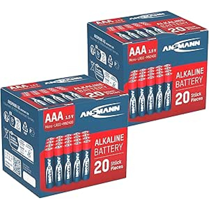 ANSMANN šarminės baterijos Micro AAA / LR03 1,5 V / Ilgaamžės šarminės baterijos ekonomiška pakuotė praktiškoje dėžutėje / 40 vnt.