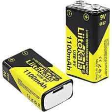 LiitoKala 9 V įkraunama baterija, 1100 mAh 9 V USB įkraunamos ličio baterijos su didele talpa ir LED ekranu, skirtos dūmų detektoriui, multimetrui, mikrofonui, elektroniniam žaislui ir kt. 2 vnt.