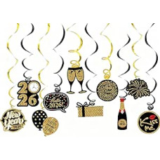 10 vienetų Naujųjų metų išvakarių dekoracijos 2026 blizgučių kabantys sūkuriai lubų dekoravimui, laimingų Naujųjų metų 2026 dekoracijos, juodo aukso sūkuriai Streamers namų dekoracijos lubos, langai, durys