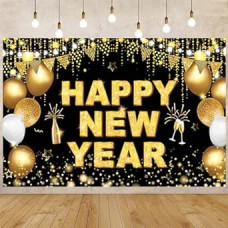 2024 Happy New Year Banner with String, Big New Year Indoor House Photo Background Wall Decoration for New Year's Eve Party Supplies (180 x 115 cm)