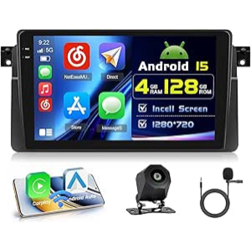 4+128G Android Autoradio mit Bildschirm für BMW E46 1999-2005 Wireless Carplay, Autoradio mit Navi 9 Zoll Incell Bildschirm Android Auto/FM/RDS/Rückfahrkam
