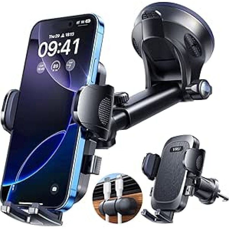 [2026 karinė klasė] YRU mobiliojo telefono laikiklis Automobilis Mobiliojo telefono laikiklis Automobilis [Stipriausias siurbimo puodelis ir spaustukas] Universalus automobilinis mobiliojo telefono laikiklis prietaisų skydelio diskas Ventiliacija iPhone 1
