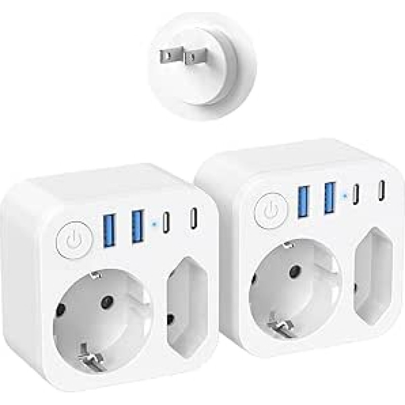 2 kelioninių adapterių pakuotė JAV adapterio lizdas su 4 USB (2 C tipo) kelioniniu adapteriu su jungikliu (iš ES į JP)