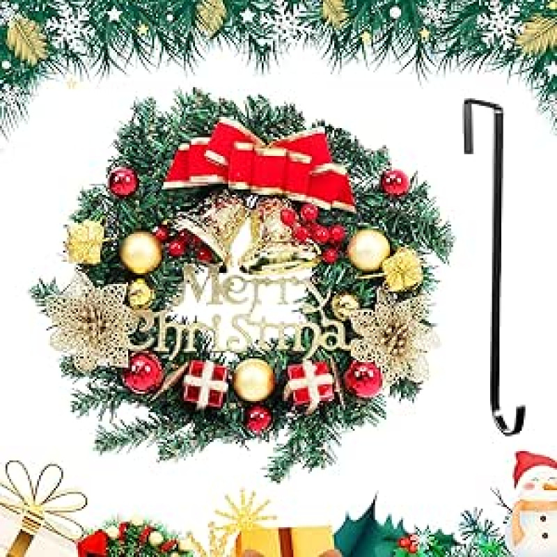 Warmiehomy Kalėdų vainikas Durys 30 cm Kalėdų vainikas Dirbtinis su durų kabliukais Sienų vainikas Kalėdos su lanku & Baubles & Gėlės durims Langas Židinys Kalėdų dekoracijos
