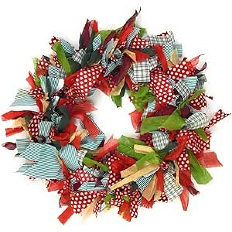 Rankų darbo kalėdinis vainikas, pagamintas iš perdirbto sezoninio įvairiaspalvio žalio raudono audinio GoodWeave sertifikuotas 30 cm skersmuo Tinka mobiliajam, durų ar sienos kabinimui