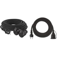 EMOS P0702 Extension Cable with 2 Schuko Sockets, 15 m, Double Extension, 2 Earthing Contact Sockets & P01805 5 m Schuko, Rubber Extension Cable for Outdoor Use, H07RN-F3G 1.5 mm², 5 m