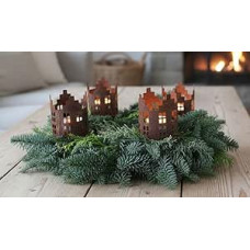 LB H&F Set of 4 Advent Wreath Stakes, Houses Decorative Candle Holder, Advent Rust, Metal, Christmas Candle Plugs, House Candle Picks to Decorate Yourself
