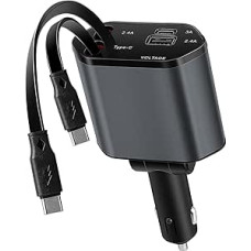 Kwak's ištraukiamas automobilinis įkroviklis, 100 W cigarečių žiebtuvėlio USB C, automobilinis įkroviklio adapteris su paslėptu kabeliu, greitasis įkrovimas, suderinamas su 