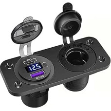 Automobilinio įkroviklio perjungimo skydelis, 12V-24 QC3.0 USB prievadas + PD prievado įkrovimo lizdas su įjungimo / išjungimo jungikliu + cigarečių žiebtuvėlio adapteris + voltmetras + įjungimo / išjungimo perjungimo skydelis (2 skylių skydelis)