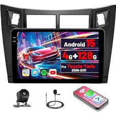 [4G + 128G] Inefala Android 15 Car Radio for Toyota Yaris 2008 with Wireless Carplay Android, 9 Inch Touchscreen Radio with GPS WiFi RDS/FM Bluetooth EQ SWC Reversing Camera Mic
