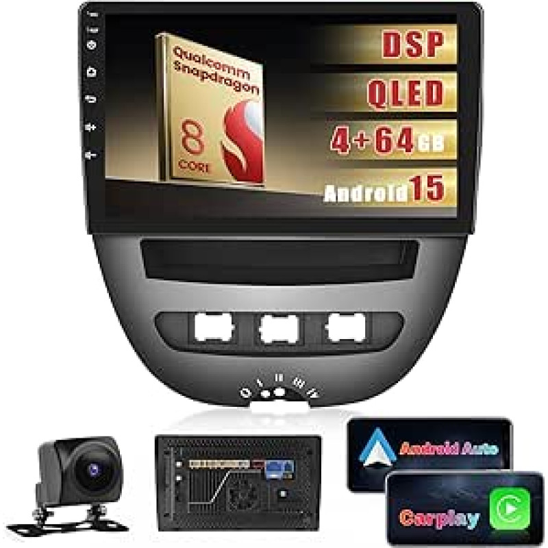 Automobilinis radijas Peugeot 107/Toyota Aygo/Citroen C1 2004-2014, 8 branduolių 4+64GB Android 15 Qualcomm Snapdragon lustas, 9 colių radijo imtuvas su belaidžiu Carplay Android Car GPS WiFi DSP RDS/FM atbuline eiga