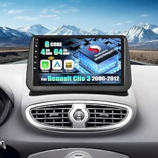 CAMECHO Android 15 Qualcomm Octa Core 4G + 64G Car Radio for Renault Clio 3 2006-2012 with Carplay Android Car Navigation Dual WiFi 9 Inch IPS Screen with Navigation Bluetooth 5.1 FM/RDS+AHD Rear View