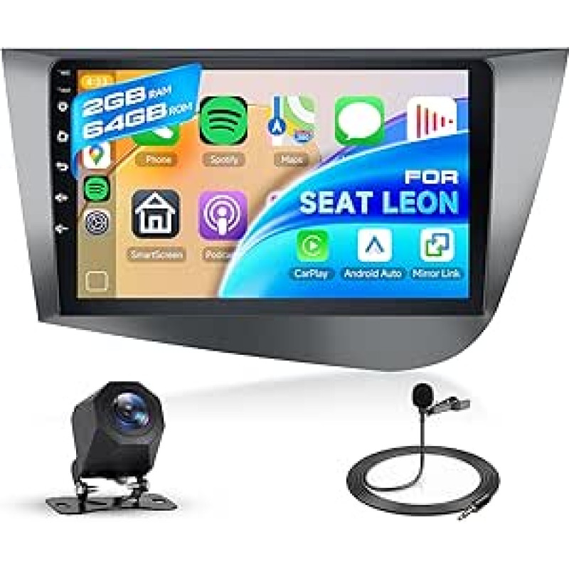 Hodozzy 2GB 64GB Android Autoradio für Seat Leon 2005-2012 Wireless Carplay Android Auto, Radio 2 Din Bildschirmo 9 Zoll Touchscreen Autoradio mit Navi GPS DSP Bluetooth WiFi FM/RDS Rückfahrkamera