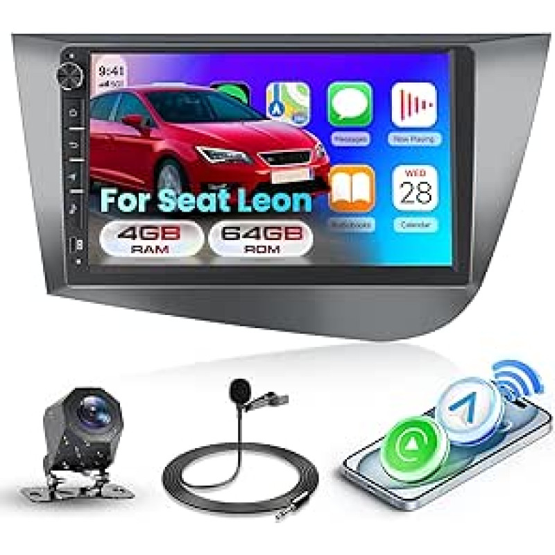 Hodozzy 4GB+64GB Autoradio für Seat Leon 2005-2012 Android 9 Zoll InCell Touchscreen Carplay Wireless Android Auto, Radio 2 Din mit Typ-C, Bluetooth Navi WiFi Farbige Tastenbeleuchtung Rückfahrkamera