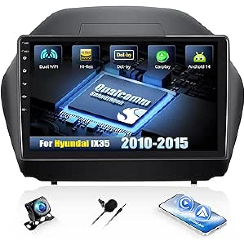 CAMECHO Android 15 Qualcomm Octa Core 4G + 64G automobilinis radijas Hyundai IX35 2010-2015 m. su Carplay Android automobilinė navigacija Dual WiFi 9 colių IPS ekranas su Navi Bluetooh5.1 FM/RDS+AHD galinio vaizdo kamera