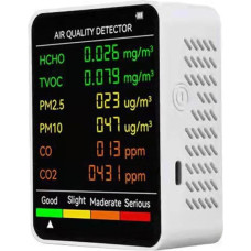 6 in 1 gaisa kvalitātes monitors, iekštelpu gaisa kvalitātes detektors, nosaka PM2.5, PM10, TVOC, gaisa kvalitātes testeris, gaisa piesārņojuma mērītājs mājām, telpām, augošām teltīm, birojiem (balts)