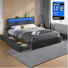 VASAGLE dvigulės lovos rėmas, tinka 140 x 200 cm čiužiniui, LED metalinė lova, 4 stalčiai, įkrovimo stotelė, reguliuojamas paminkštintas galvūgalis, šiferio pilka, RMB827G02