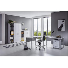 Šviesiai pilkos / baltos matinės spalvos biuro baldų komplektas 