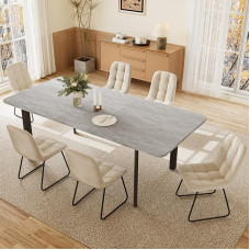 JIEXI valgomojo stalas su 4-8 kėdėmis, išplečiamas valgomojo komplektas, modernus, stilingas MDF plokščių valgomojo stalas svetainei (160-200 cm stalas + 6 smėlio spalvos kėdės su U formos kojomis)
