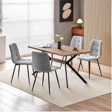 Valgomojo komplektas su 4 kėdėmis, 140 x 80 x 73 cm valgomojo stalas su tamsaus medžio tekstūra ir minkštomis pilkomis valgomojo kėdėmis su lininiu dizainu ir aukštu atlošu, skirtas valgomajam, virtuvei, svetainei