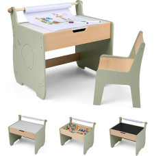 FANTASK 4 in 1 medinis vaikiškas stalas su kėde, apverčiamas ir nuimamas stalviršis, piešimo stalas su laikymo vieta ir popieriaus ritinio laikikliu, skirtas vaikams nuo 3 metų