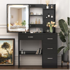 Kosmetikos staliukas su LED veidrodžiu ir apšvietimu, kosmetinis staliukas su laikymo vieta, 3 stalčiai, 7 lentynos, 80 cm pločio stumdomas veidrodis, tualetinis staliukas mergaitėms, juodas, makiažo stalelis, sidabrinės rankenos