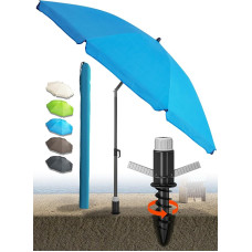 4smile SunnyJoy Beach Parasol 3-in-1 Set, Blue, UPF 50+ Beach Umbrella with Ground Sleeve and Protective Cover, Beach Umbrella, Windproof, Stable, Diameter 180 cm, Beach Umbrella, UV Protection