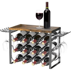 Vyno stovas stalviršiui, vyno butelių laikiklis 12 vyno butelių ir 6 vyno taurių butelių organizatoriaus spintelė sukraunamas butelių laikiklis laisvai pastatomas butelių laikiklis metalinis vyno laikiklis medinis stalviršis