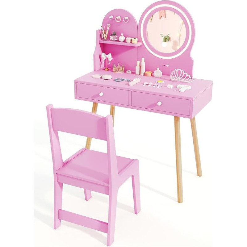 LIFEZEAL Kinderfrisiertisch-Set mit Hocker, Schminktisch mit LED Spiegel, Kindertisch mit 3 Haken und 2 Schubladen, Kinderschminktisch mit Stuhl für Mädchen ab 3 Jahre (Rosa)