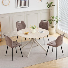 Valgomojo komplektas su stalu ir kėdėmis, 115 cm apvalus stalas ir 4 lininės valgomojo kėdės, tinkančios virtuvei, svetainei ir valgomajam (šviesiai geltona + ruda)