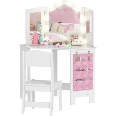 AIYAPLAY 2-in-1-Kinderfrisiertisch mit Hocker, Mädchenschreibtisch mit Triptychon-Spiegel und zweifarbigen LED-Leuchten, seitliche Aufbewahrungstasche, Schminktisch für Kinder von 3 bis 8 Jahren, weiß