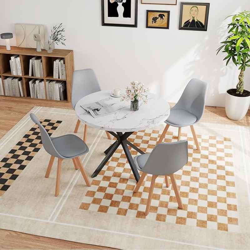 Valgomojo stalas su 4 kėdėmis, valgomojo kambario komplektas, 100 x 100 x 75 cm, apvalus medinis valgomojo stalas, 4 kėdės su aukštu atlošu, buko medienos kojos, marmuro imitacija + balta + pilka)