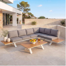 Mendler HWC-M62 Aliuminio sodo baldų komplektas Sodo baldų komplektas Sofa Medžio efekto rėmas Baltas apmušalas Šviesiai pilka spalva