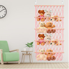 Plüschtier-Halter, großes Fassungsvermögen, vertikal, Spielzeug-Aufbewahrung, Organizer, 4-lagig, Kinderzimmer, Hängematte, platzsparend, Stofftiere, Netz für Kinder, Schlafzimmertür (Rosa)